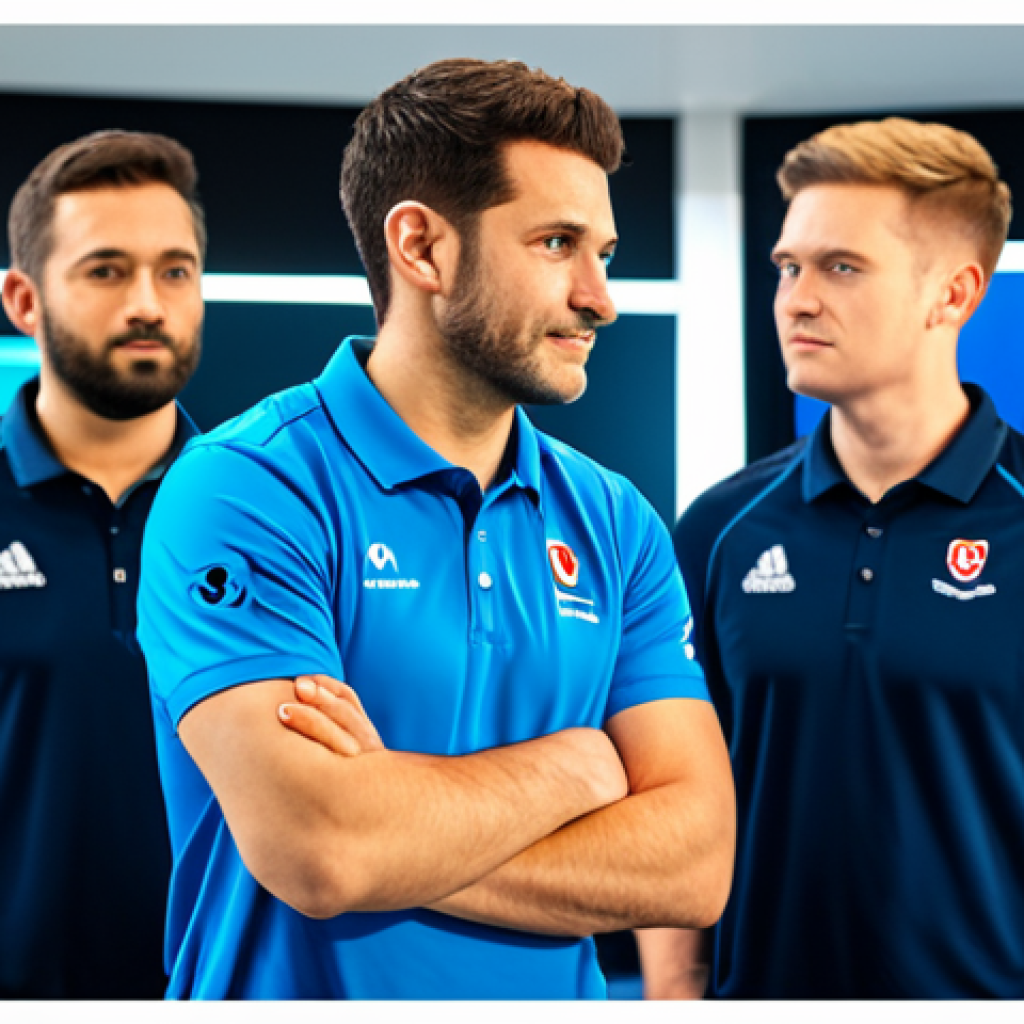 A professional esports manager, male, in a modest team polo shirt, standing in a brightly lit modern esports training facility. In the background, fully clothed team players in appropriate professional esports jerseys are visible, engaged in a group discussion, with a coach subtly present. The scene emphasizes teamwork and a supportive environment. Perfect anatomy, correct proportions, natural pose, well-formed hands, proper finger count, natural body proportions, safe for work, appropriate content, fully clothed, professional, high quality studio photography, realistic rendering, soft focus.