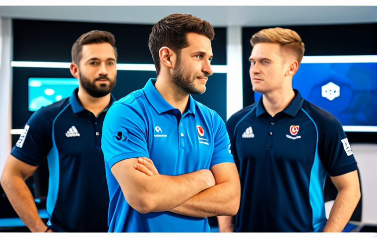 A professional esports manager, male, in a modest team polo shirt, standing in a brightly lit modern esports training facility. In the background, fully clothed team players in appropriate professional esports jerseys are visible, engaged in a group discussion, with a coach subtly present. The scene emphasizes teamwork and a supportive environment. Perfect anatomy, correct proportions, natural pose, well-formed hands, proper finger count, natural body proportions, safe for work, appropriate content, fully clothed, professional, high quality studio photography, realistic rendering, soft focus.