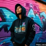 Home 22 LOL 공식 머천다이즈 - A stylish young adult wearing an official League of Legends hoodie and jacket, standing confidently ...