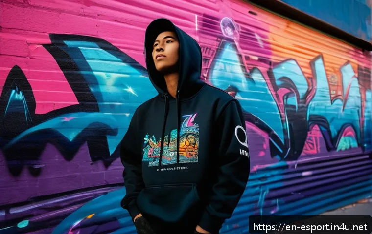 LOL 공식 머천다이즈 - A stylish young adult wearing an official League of Legends hoodie and jacket, standing confidently ...