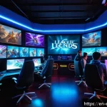Home 20 리그 오브 레전드 포럼 주제 - A dynamic digital art scene depicting a diverse group of gamers gathered around glowing holographic ...