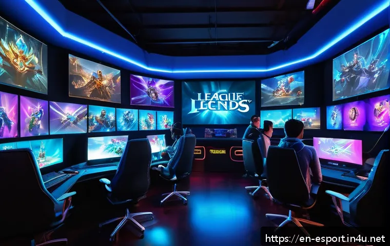 리그 오브 레전드 포럼 주제 - A dynamic digital art scene depicting a diverse group of gamers gathered around glowing holographic ...