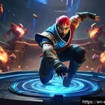 Home 18 LOL 명경기 클립 정리 - A dynamic esports scene inside a futuristic, high-tech arena showcasing a tense moment of a Baron st...