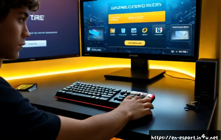 리그 오브 레전드 RP 충전 할인 - Photorealistic home gaming desk scene, focused young adult gamer comparing digital game currency pur...