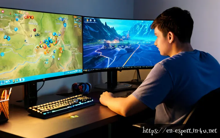 Home 17 LOL 대전 전략 분석 - Photorealistic esports strategy analysis scene, focused adult gamer seated at a clean desk studying ...
